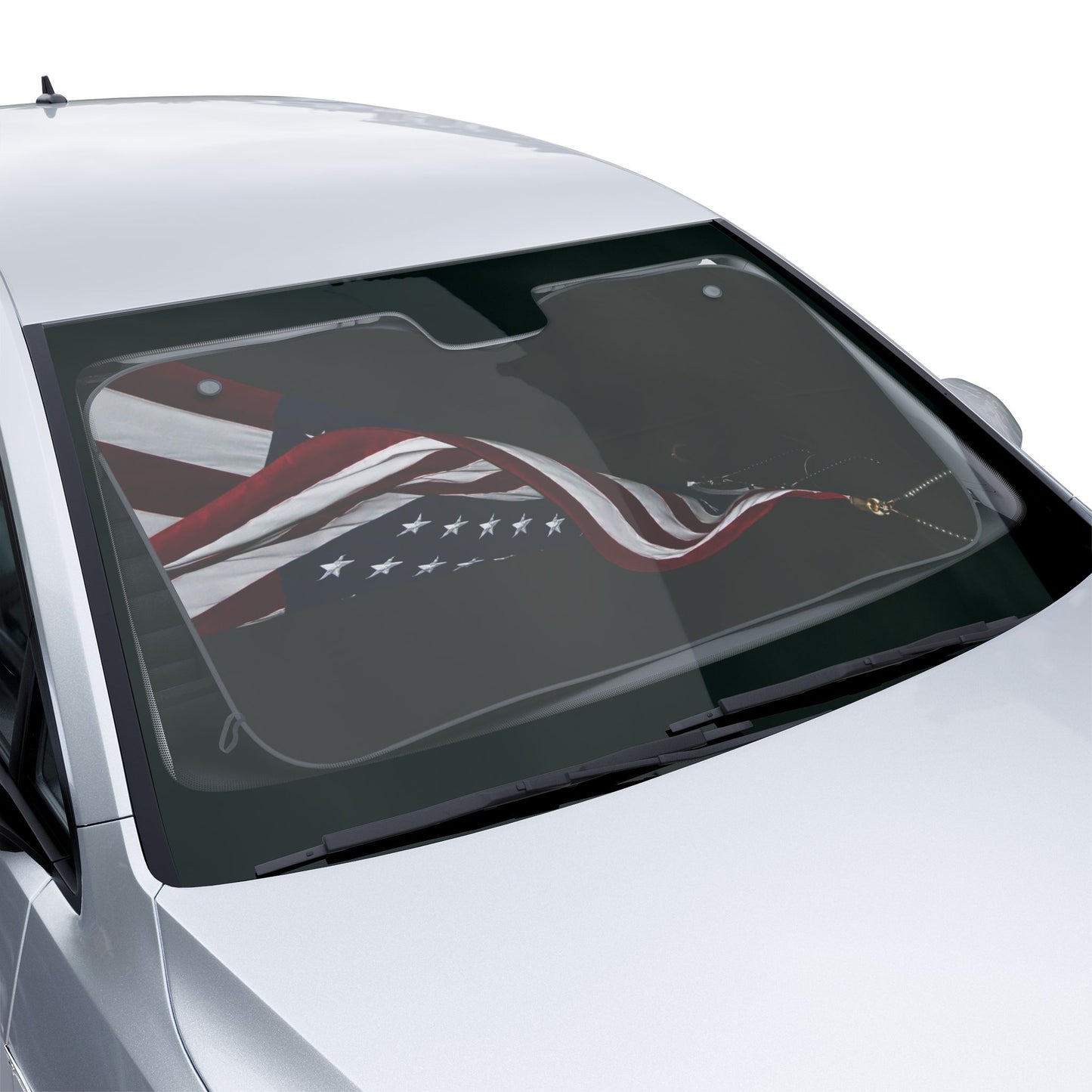 American Flag Car Sun Shade — Patriotic Wind-Blown Flag Front Windshield Cover