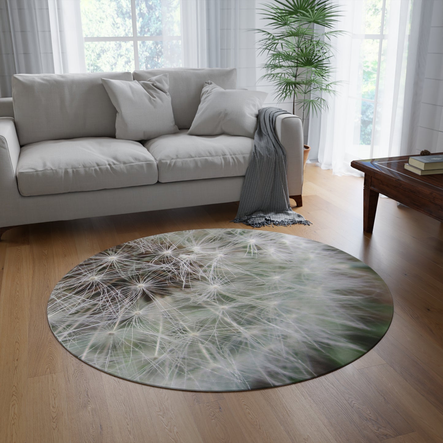 Dandelion Close-Up Round Rug — Soft Botanical Floor Mat