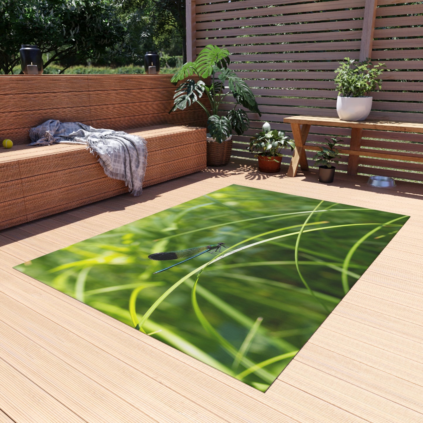 Dragonfly Meadow Outdoor Rug — Green Grass Nature Patio Mat