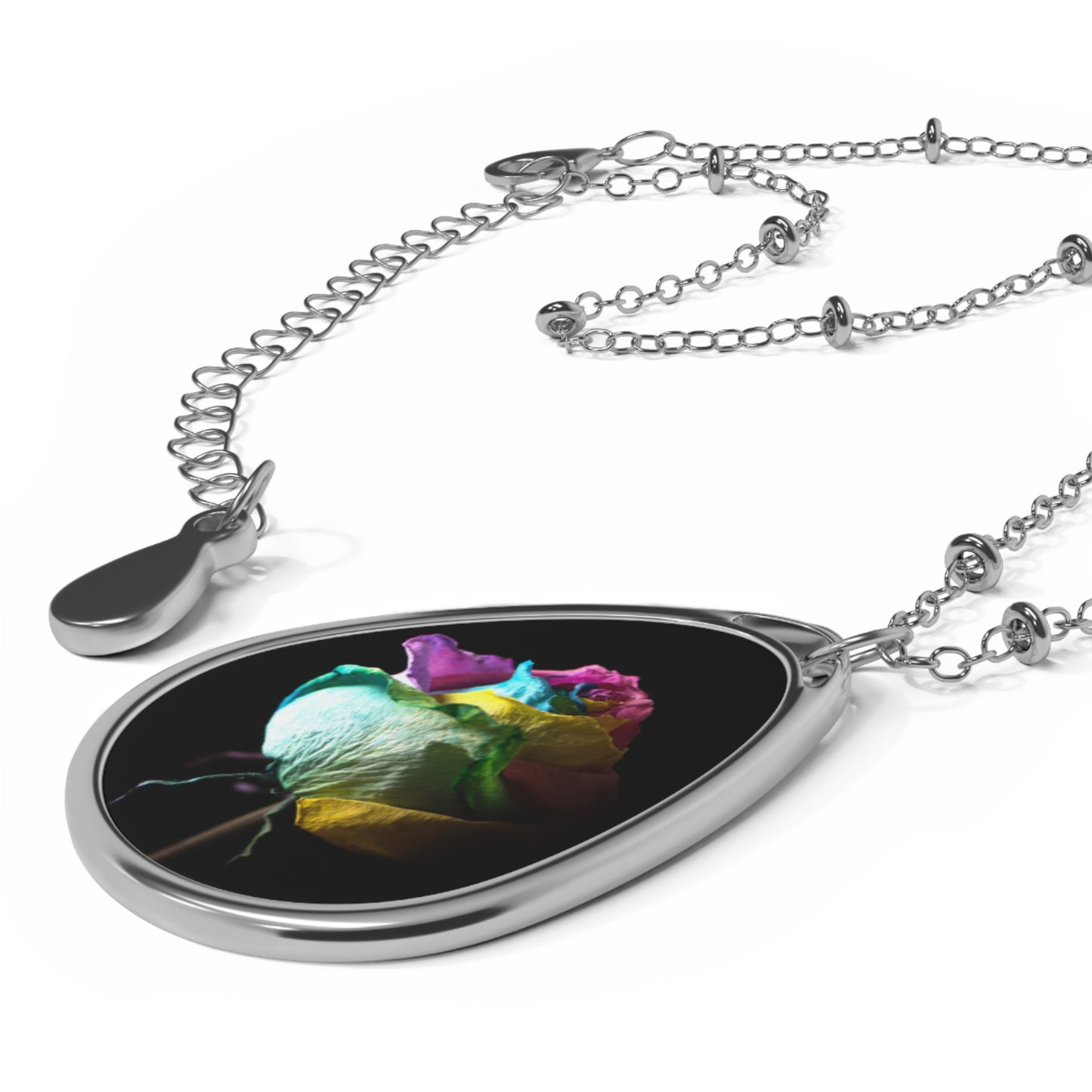 Oval Rose Pendant Necklace — Rainbow Rose on Black Teardrop Locket