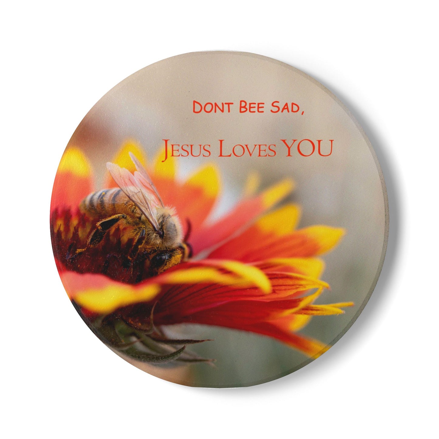 Ceramic Coaster — "Don't Bee Sad, Jesus Loves You" Floral Bee Inspirational Drink Mat