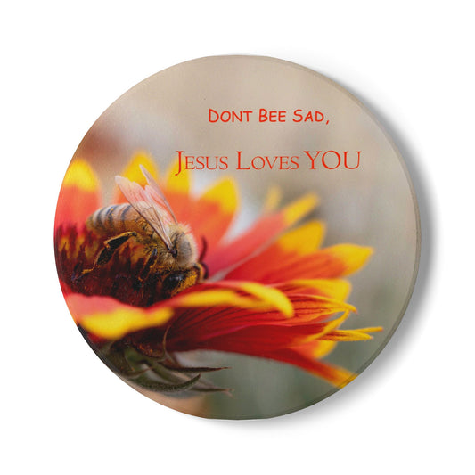 Ceramic Coaster — "Don't Bee Sad, Jesus Loves You" Floral Bee Inspirational Drink Mat