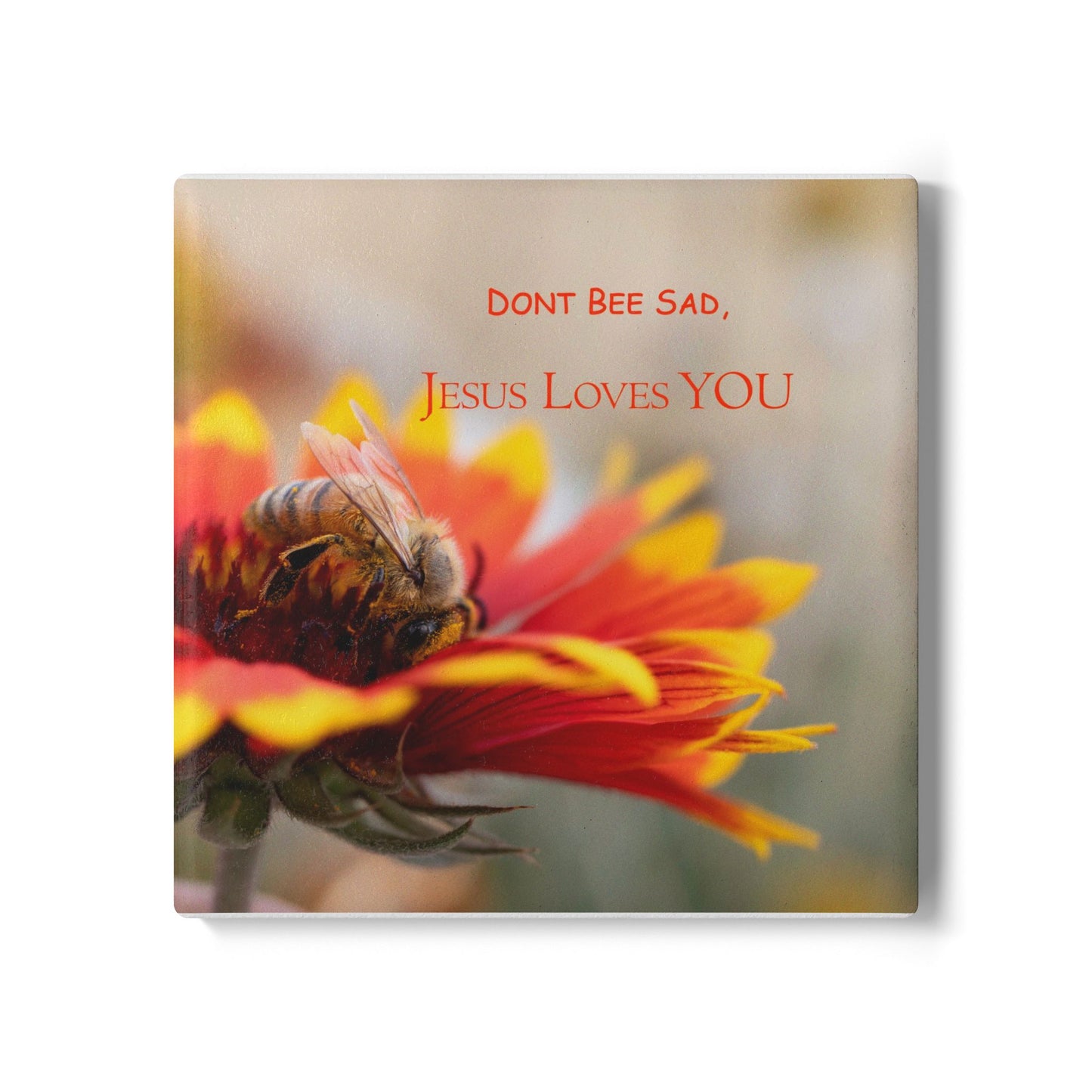 Ceramic Coaster — "Don't Bee Sad, Jesus Loves You" Floral Bee Inspirational Drink Mat