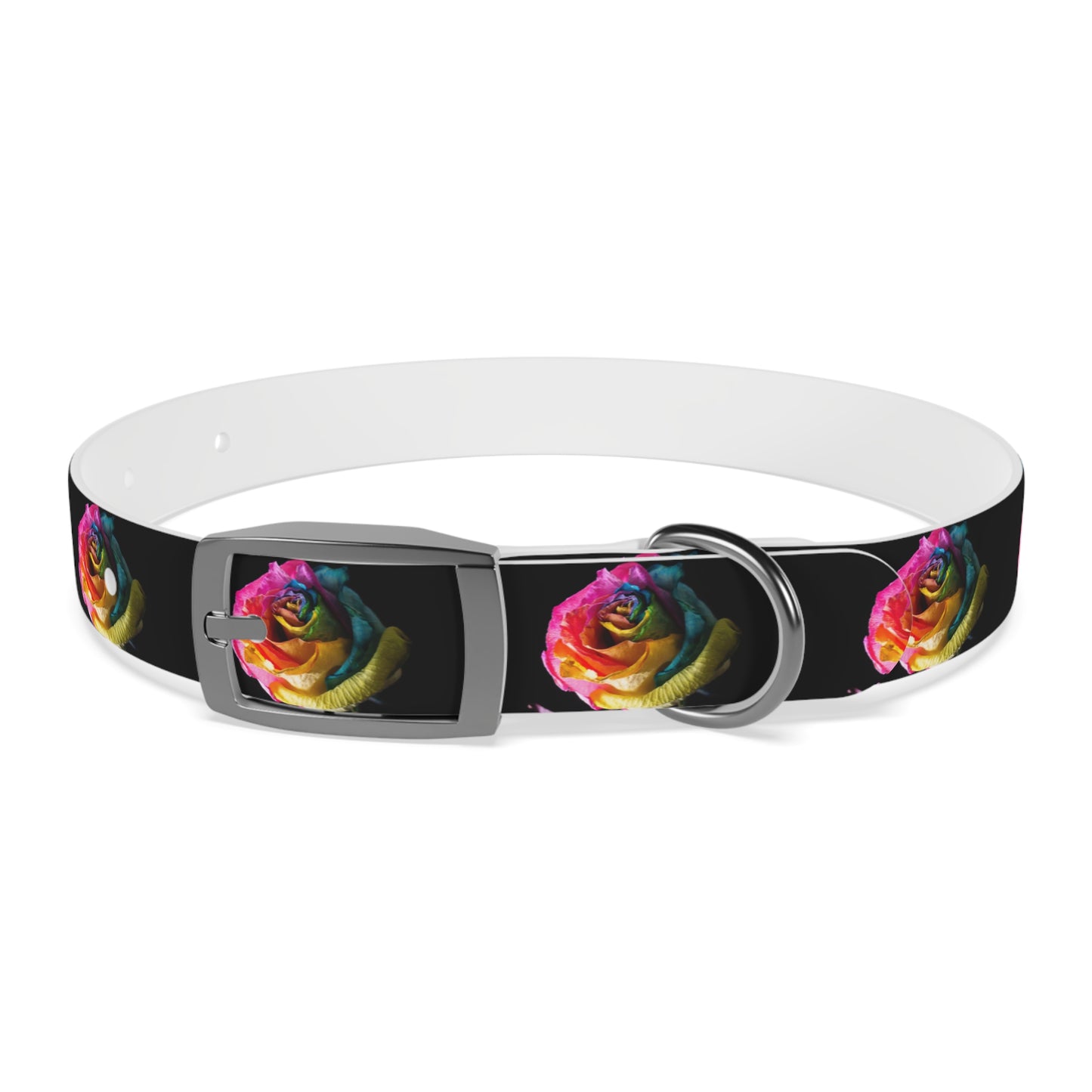 Rainbow Rose Dog Collar — Colorful Floral Pet Collar on Black