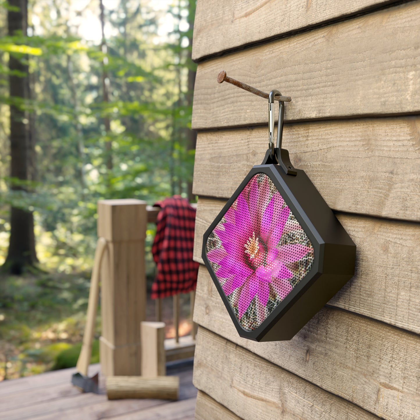 Portable Bluetooth Speaker — Outdoor Rugged Speaker with Pink Cactus Flower Design