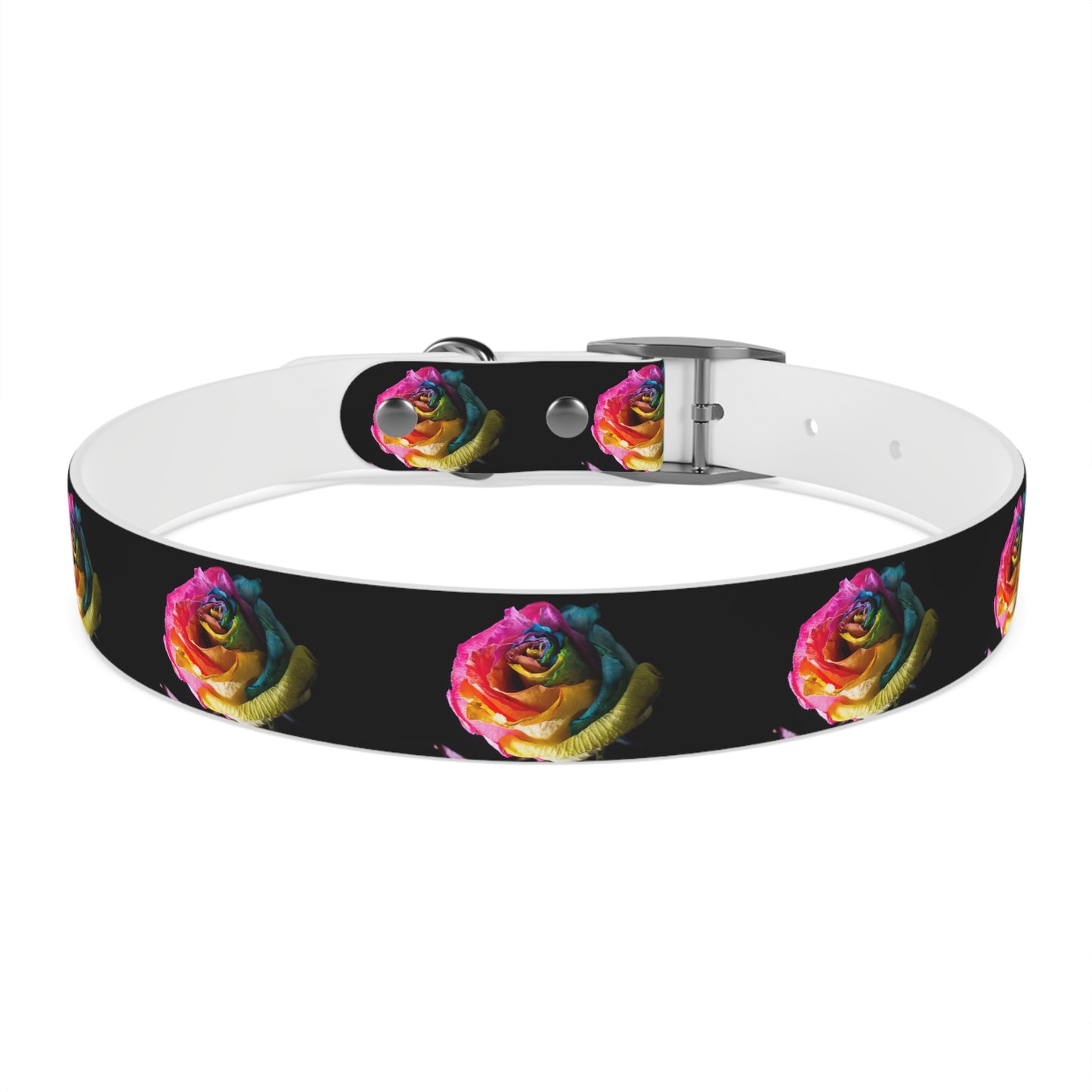 Rainbow Rose Dog Collar — Colorful Floral Pet Collar on Black