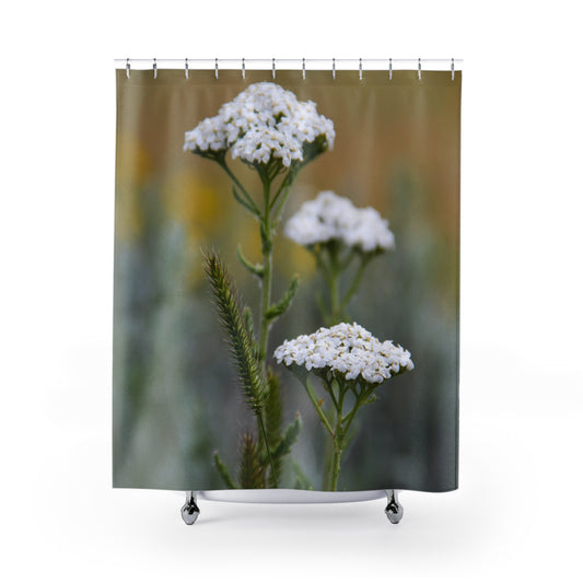 Shower Curtain — White Yarrow Floral Photo Print for Serene, Nature-Inspired Bathroom Décor