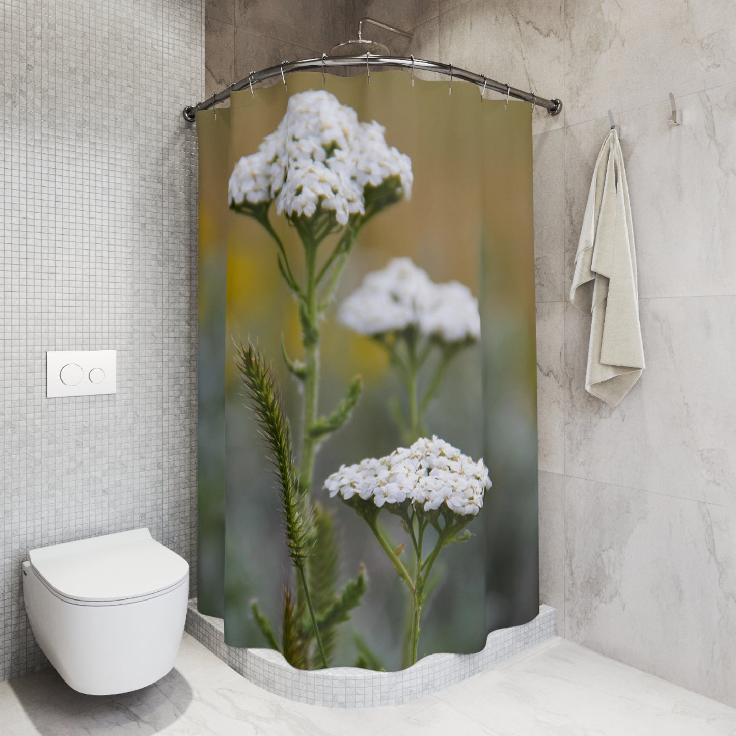 Shower Curtain — White Yarrow Floral Photo Print for Serene, Nature-Inspired Bathroom Décor