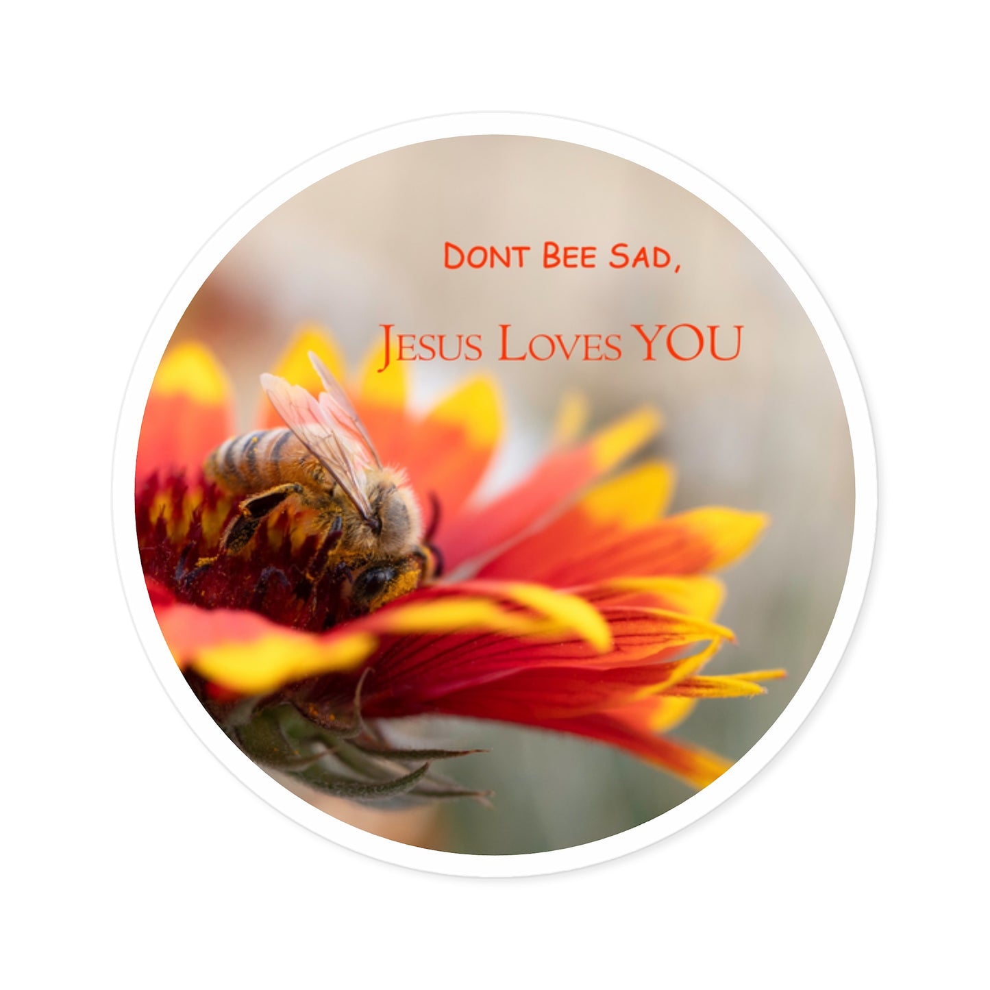 Inspirational Bee Sticker — "Dont Bee Sad, Jesus Loves You" Round Sticker