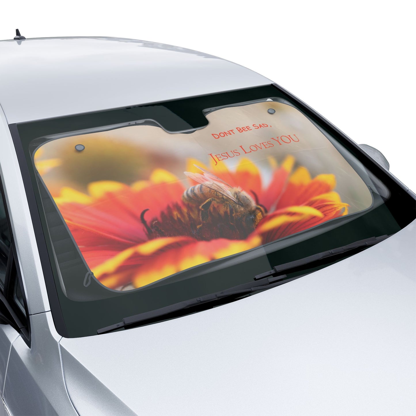 Bee on Flower Car Sun Shade — "Don't Bee Sad, Jesus Loves You"