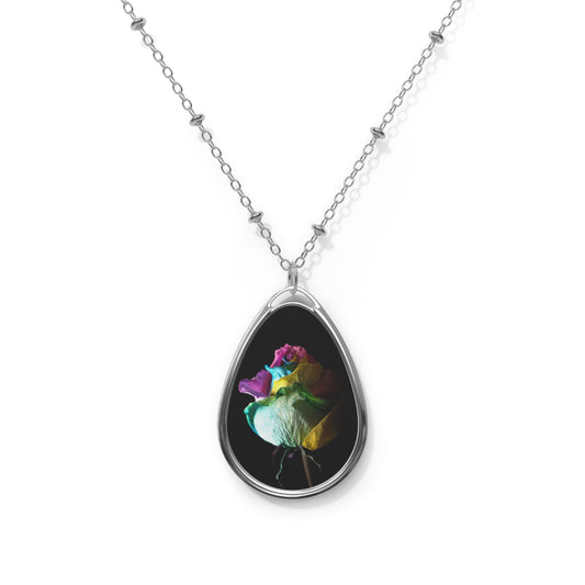 Oval Rose Pendant Necklace — Rainbow Rose on Black Teardrop Locket