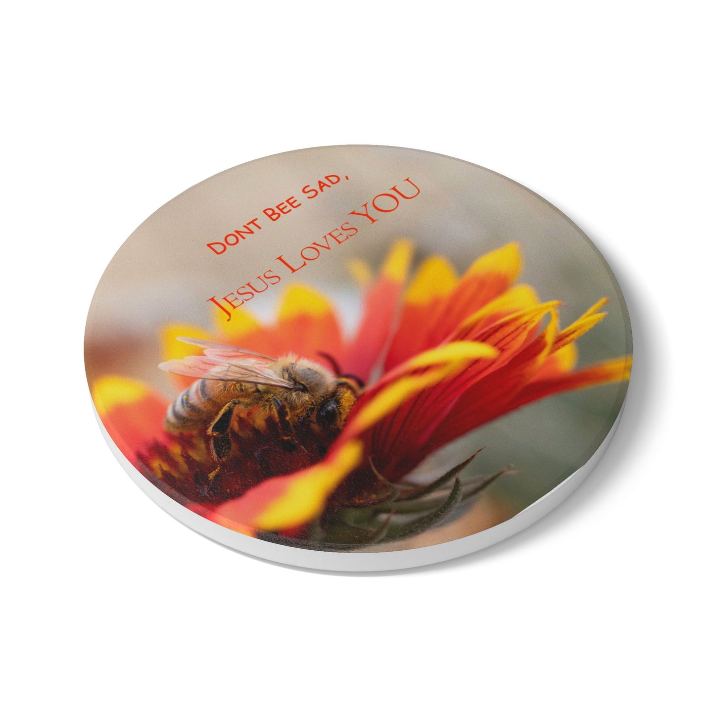 Ceramic Coaster — "Don't Bee Sad, Jesus Loves You" Floral Bee Inspirational Drink Mat