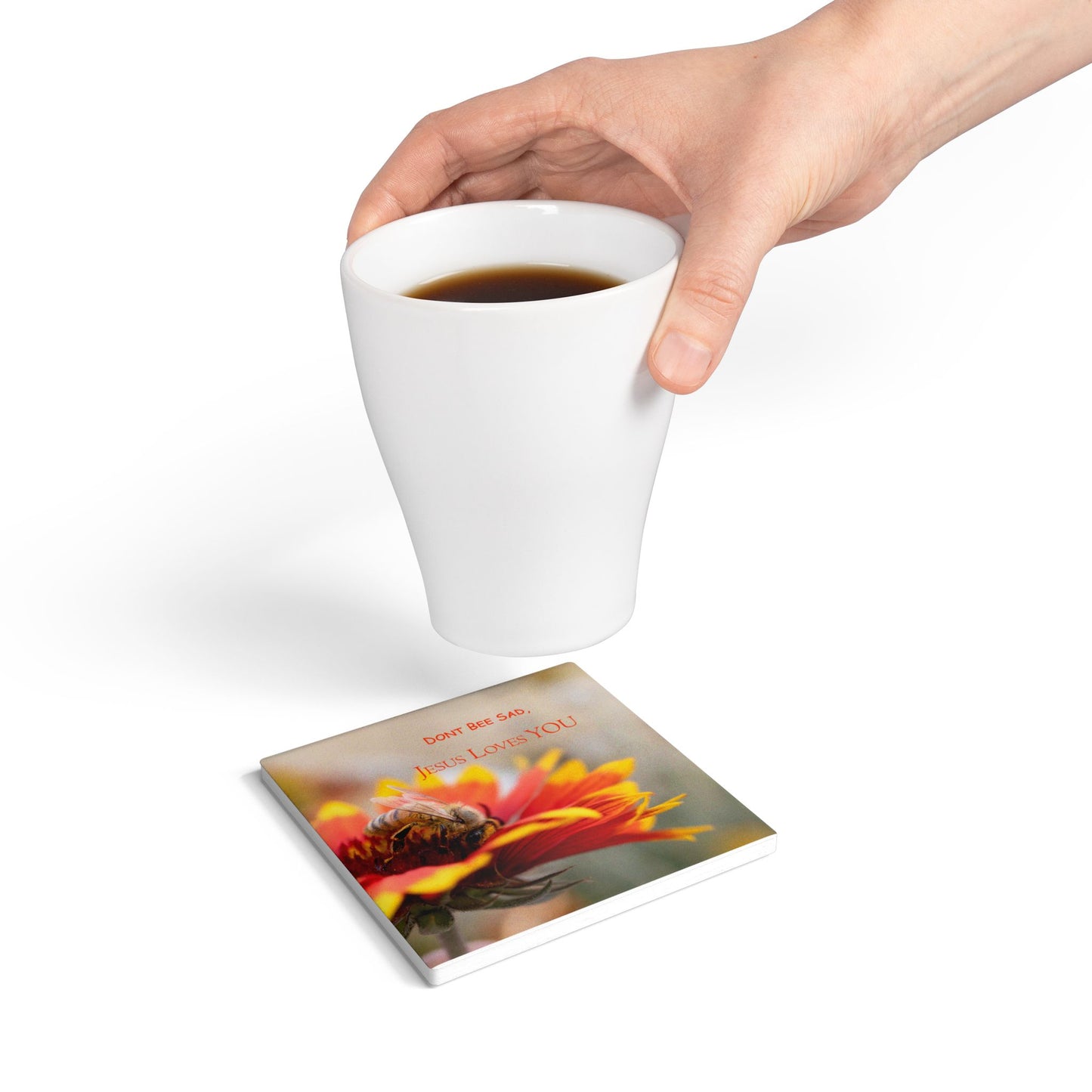 Ceramic Coaster — "Don't Bee Sad, Jesus Loves You" Floral Bee Inspirational Drink Mat