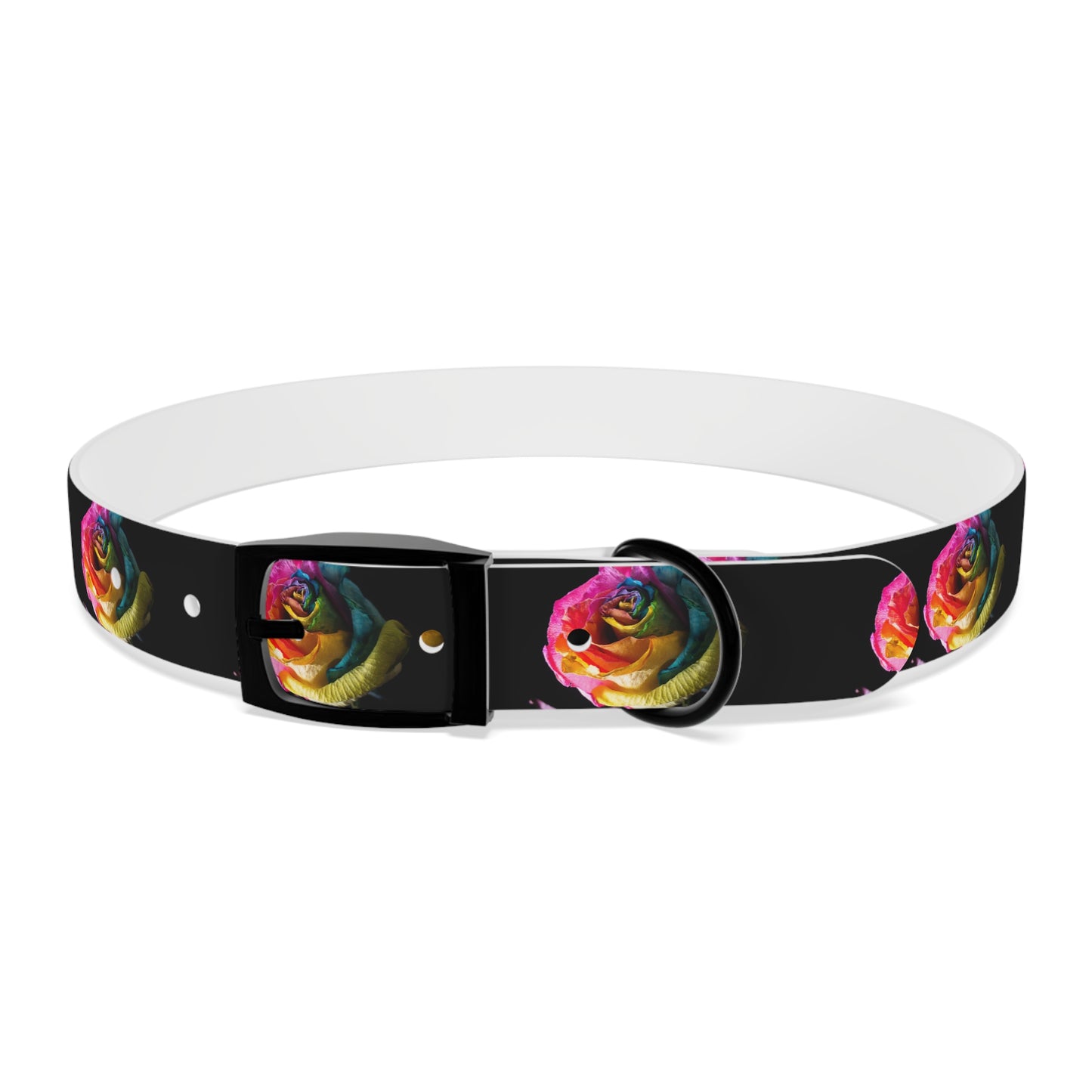 Rainbow Rose Dog Collar — Colorful Floral Pet Collar on Black