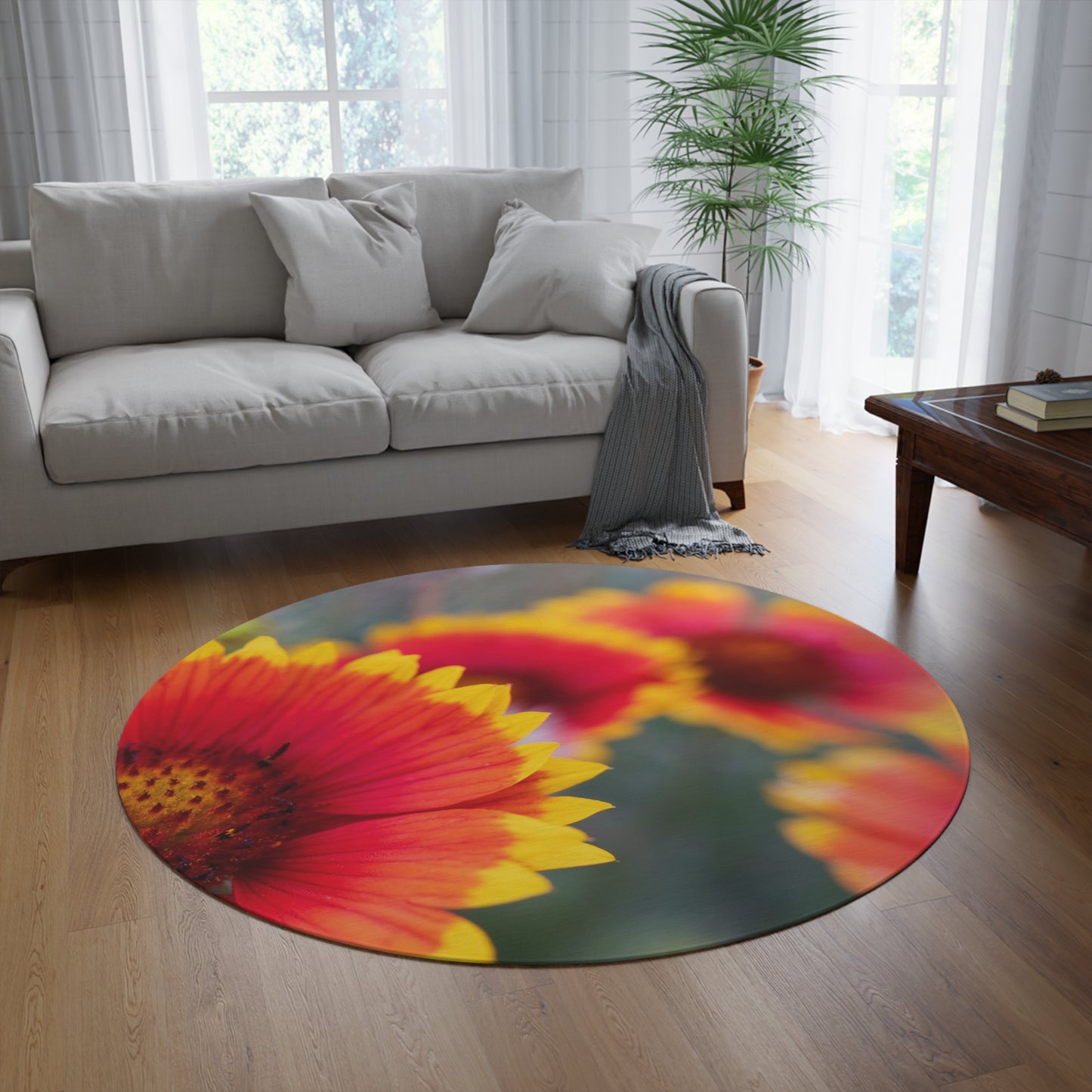 Round Floral Rug — Vibrant Gaillardia Garden Accent Rug
