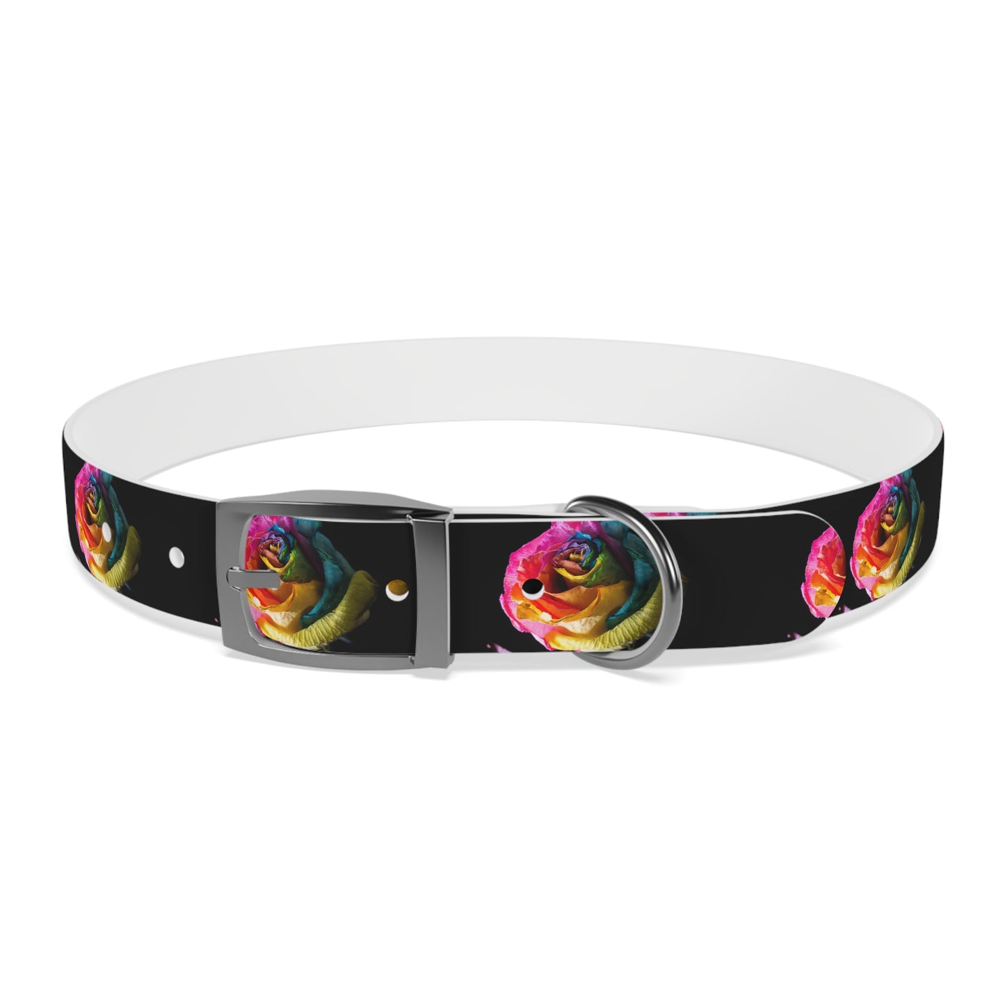 Rainbow Rose Dog Collar — Colorful Floral Pet Collar on Black