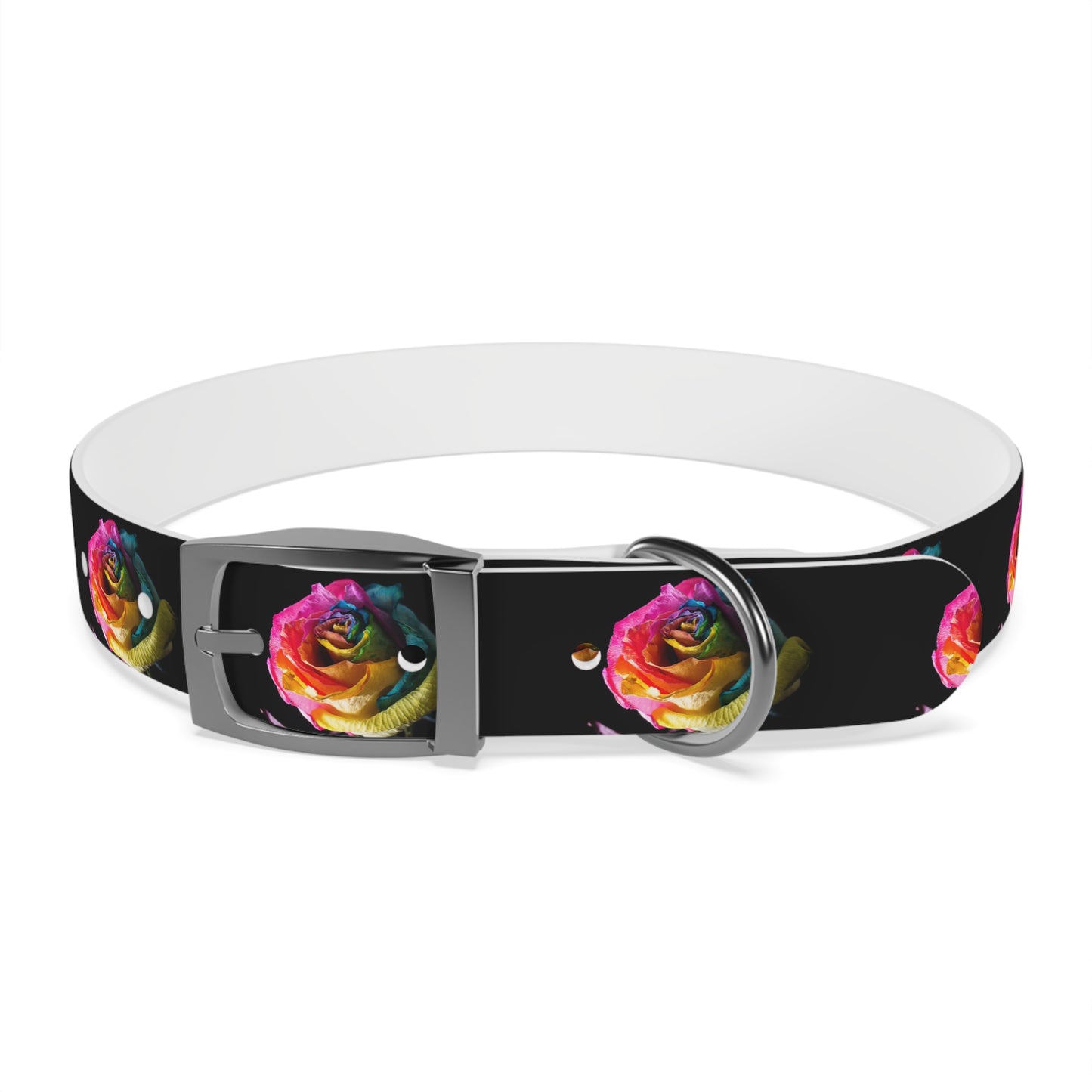 Rainbow Rose Dog Collar — Colorful Floral Pet Collar on Black