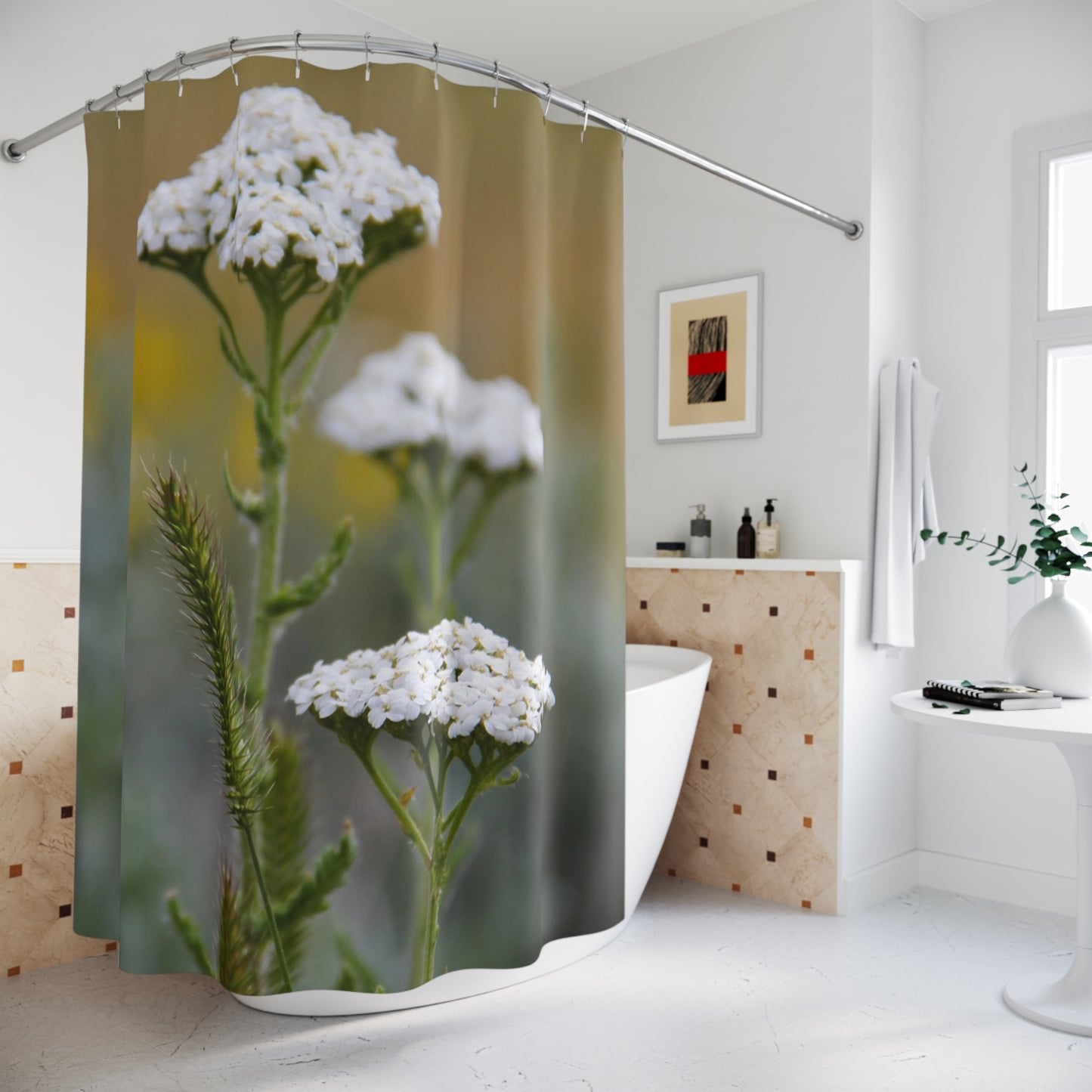 Shower Curtain — White Yarrow Floral Photo Print for Serene, Nature-Inspired Bathroom Décor