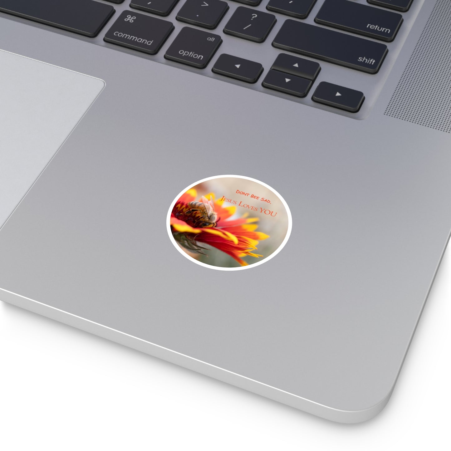Inspirational Bee Sticker — "Dont Bee Sad, Jesus Loves You" Round Sticker