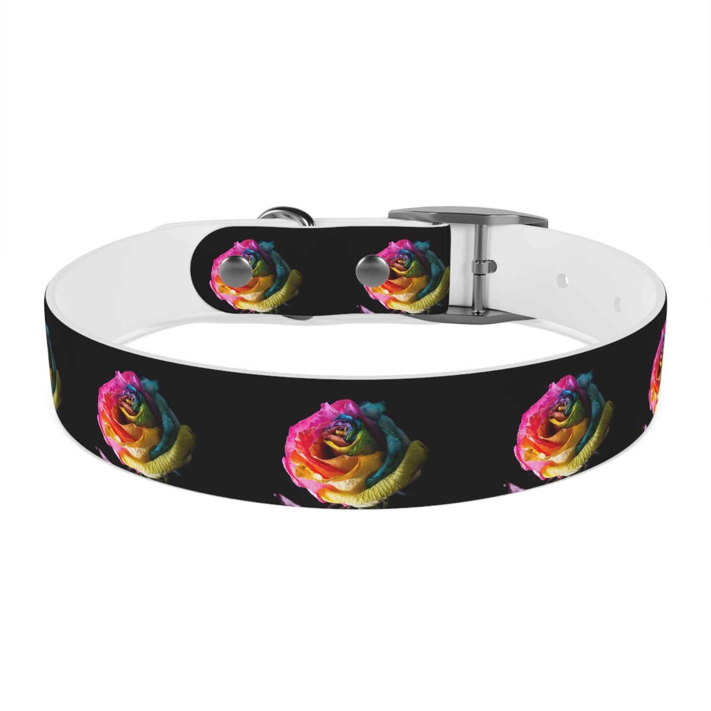 Rainbow Rose Dog Collar — Colorful Floral Pet Collar on Black