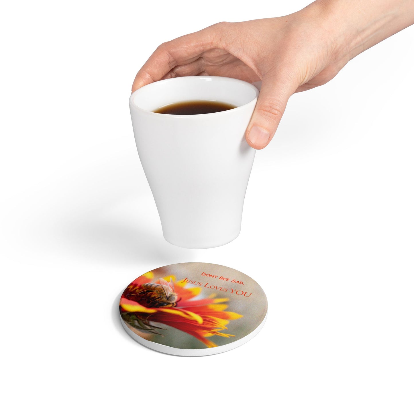 Ceramic Coaster — "Don't Bee Sad, Jesus Loves You" Floral Bee Inspirational Drink Mat
