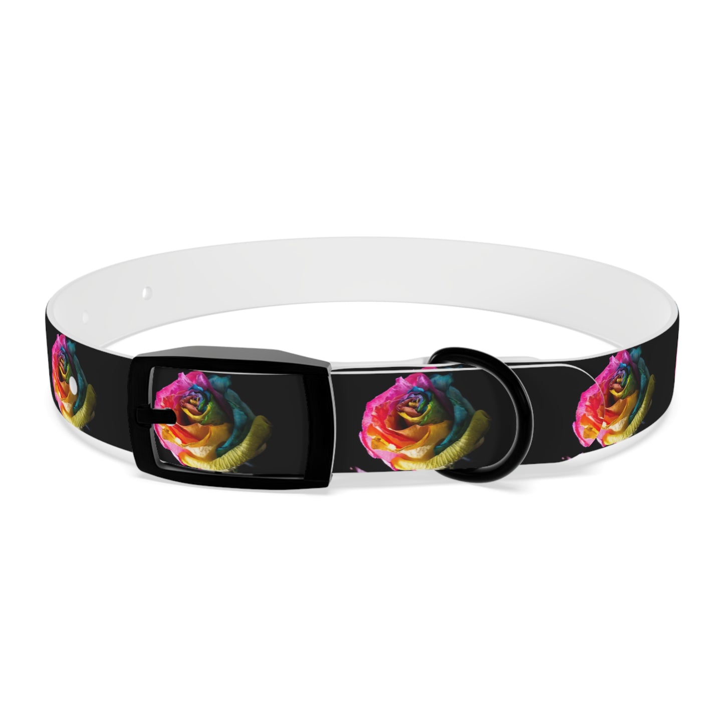Rainbow Rose Dog Collar — Colorful Floral Pet Collar on Black