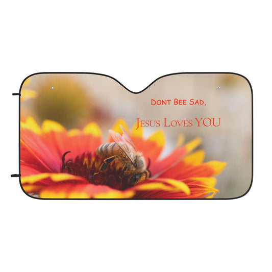 Bee on Flower Car Sun Shade — "Don't Bee Sad, Jesus Loves You"
