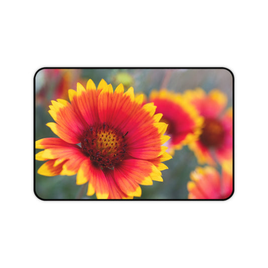 Sunburst Gaillardia Desk Mat — Bright Red & Yellow Flower Mouse Pad