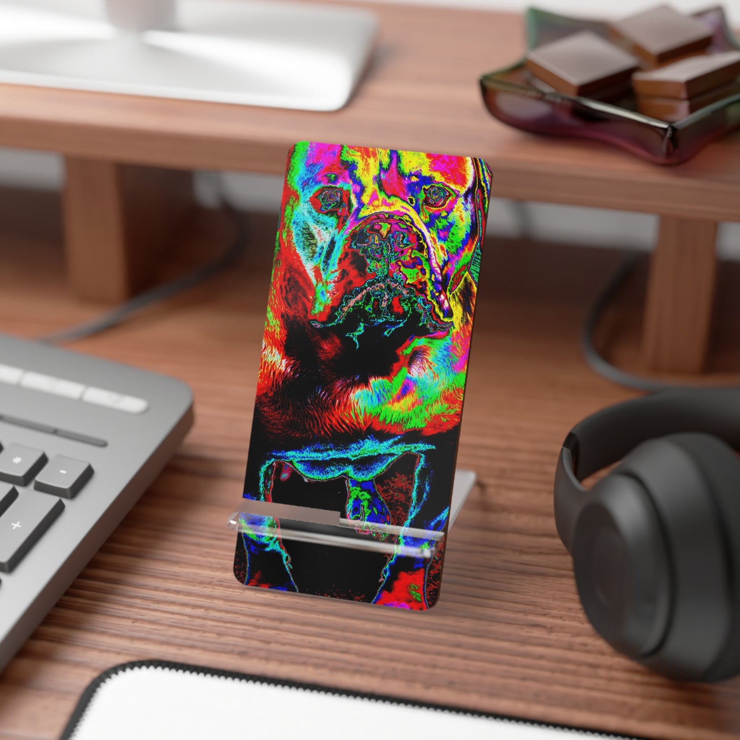 Colorful Neon Bulldog Phone Stand — Acrylic Mobile Display Stand for Smartphones