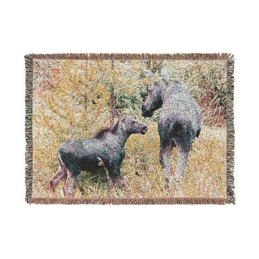 Woven Blanket: Rustic Moose and Calf Tapestry Throw — Woodland Cabin Decor, Cozy Lodge Gift