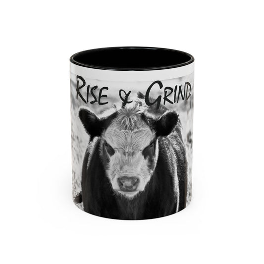 Rise & Grind Cow Coffee Mug — Farmhouse Animal Rustic Ceramic Accent Mug (11/15oz)