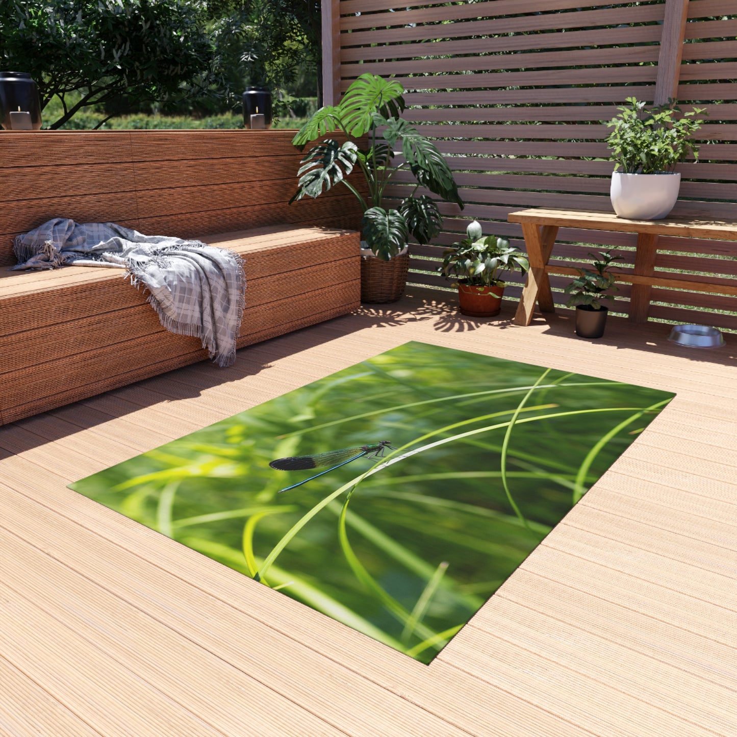 Dragonfly Meadow Outdoor Rug — Green Grass Nature Patio Mat