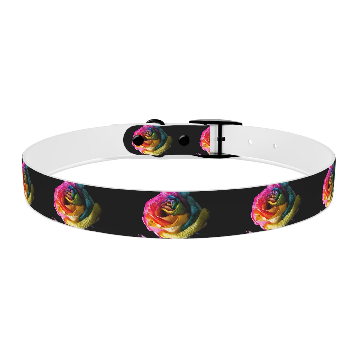 Rainbow Rose Dog Collar — Colorful Floral Pet Collar on Black