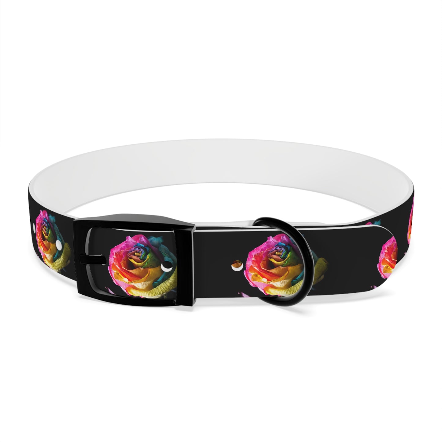 Rainbow Rose Dog Collar — Colorful Floral Pet Collar on Black