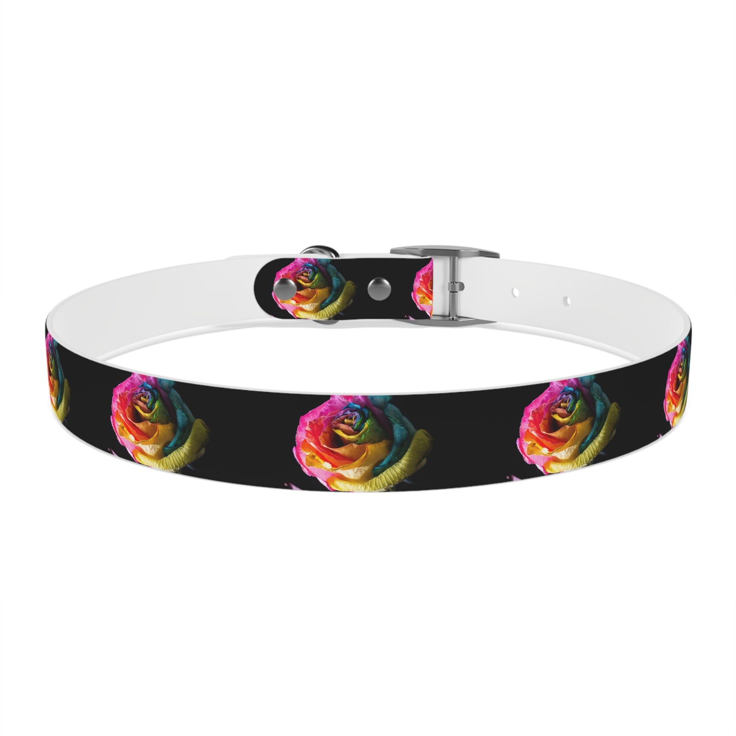 Rainbow Rose Dog Collar — Colorful Floral Pet Collar on Black
